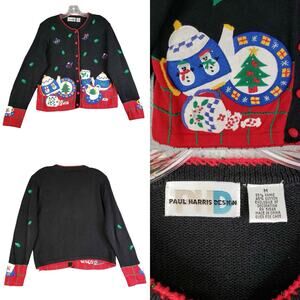 Vintage Paul Harris Cardigan Women's Medium Knit Christmas Black Sweater